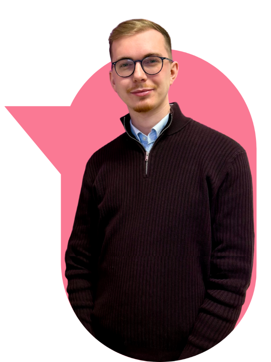 Ein Mann mit Brille in einer rosa Sprechblase